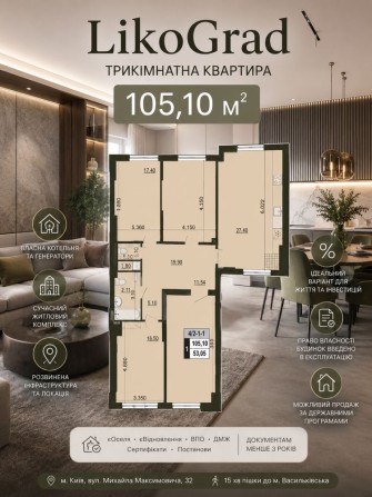Продаж 3-кімнатної квартири в ЖК LikoGrad  Ліко Град Perfect Town 4 будинок метро Васильківська  м.  - фото 1