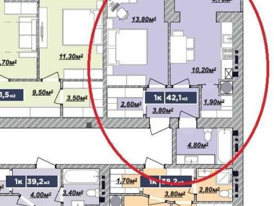 1 к.кв. 42,1 м.кв. на 6 пов., 6 секція  в ЖК Надрічний.